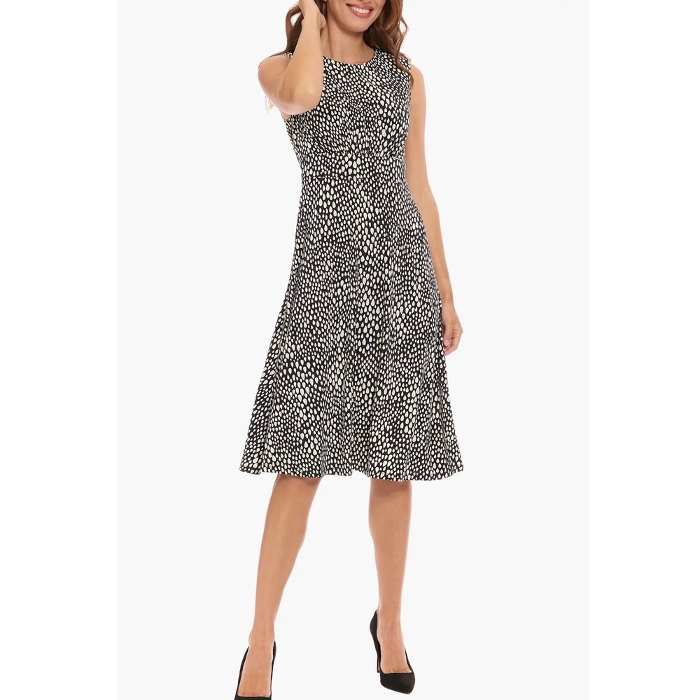 London Times Womens Black Ivory Abstract Teardrop A-Line Midi Dress Size 12